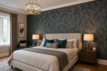 bedroom with modern vinyl wallpaper