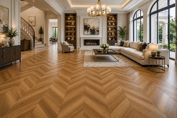 living room featuring elegant chevron parquet flooring