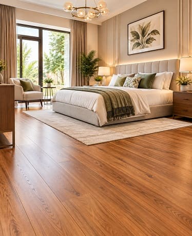 Modern villa bedroom with wooden flooring
