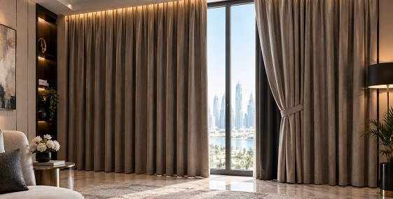 Beige velvet curtains overlooking Dubai skyline view
