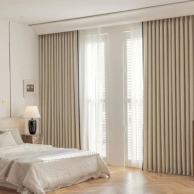 Beige wave curtains with sheers, cozy bedroom