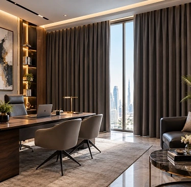 Brown wave curtains, luxury Abu Dhabi office view