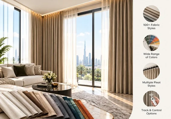 Custom curtain fabric swatches, colors, pleat styles and controls