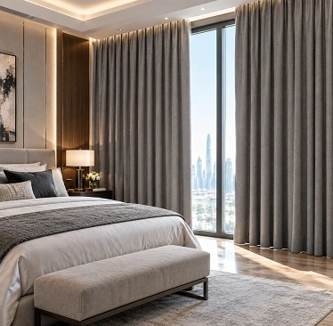 Gray curtains, luxury bedroom with city view