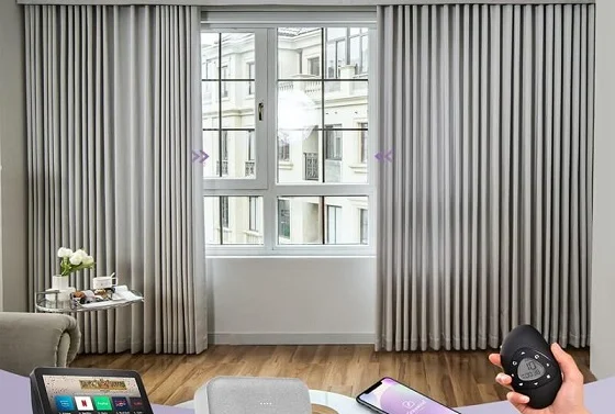 Grey motorized curtains with remote, app and voice control