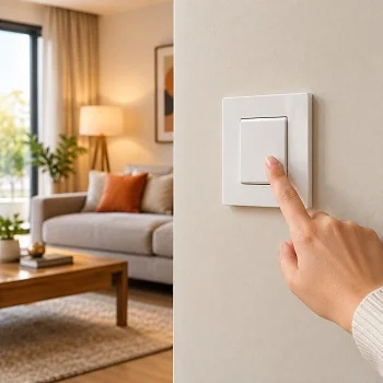 Hand pressing wall switch to control motorized curtains