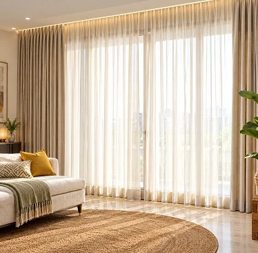 Layered sheer and beige curtains in bright cozy living room