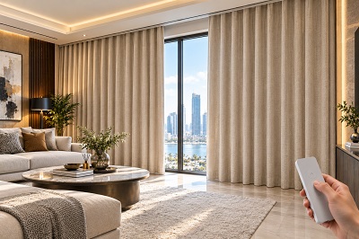 Linen motorized curtains in living room with remote control
