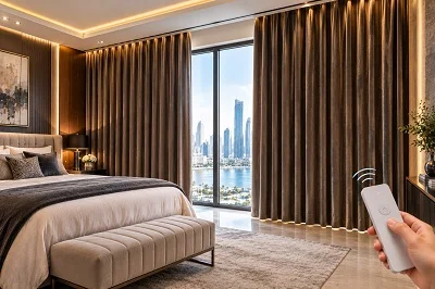 Motorized velvet curtains in bedroom