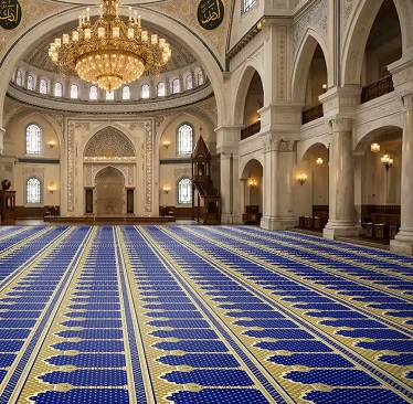 Navy blue mosque carpet with gold mihrab pattern in Islamic prayer hall