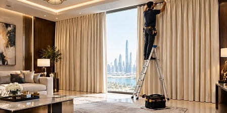 Professional curtain installation, Dubai skyline living room