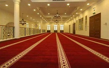 Red Mosque Carpet with Prayer Row Patterns