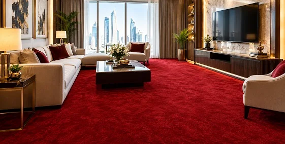 Red carpet living room in Abu Dhabi with city skyline view
