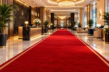 Red carpet runner in hotel lobby, Abu Dhabi