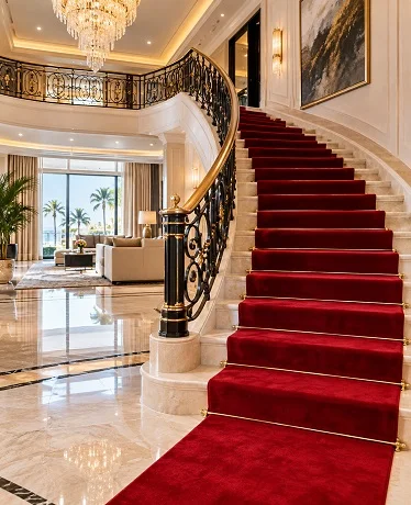 Red carpet stair runner in luxury villa, Abu Dhabi