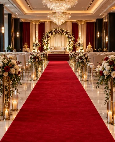 Red carpet wedding aisle setup with floral decor