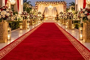 Red carpets in installed in wedding entrance in Abu Dhabi