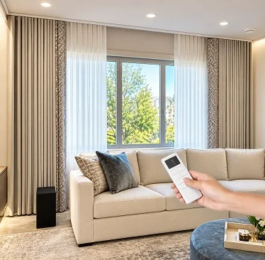 Remote control operating layered sheer and patterned motorized curtains