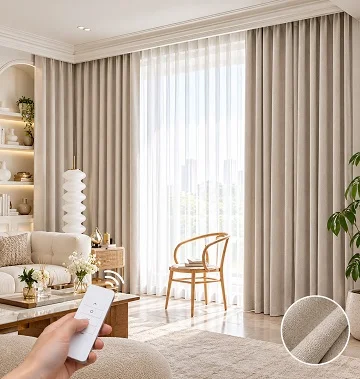 Remote-controlled beige curtains with sheer layer and fabric close-up