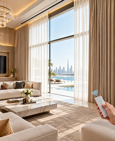 Remote-controlled sheer and beige curtains in luxury villa living room