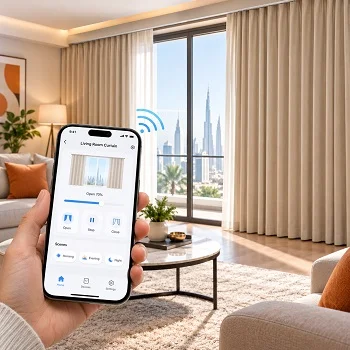 Smartphone app controlling beige motorized curtains in living room