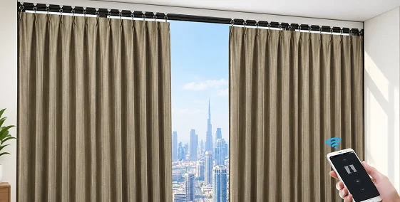 Taupe motorized curtains controlled by phone app, Abu Dhabi