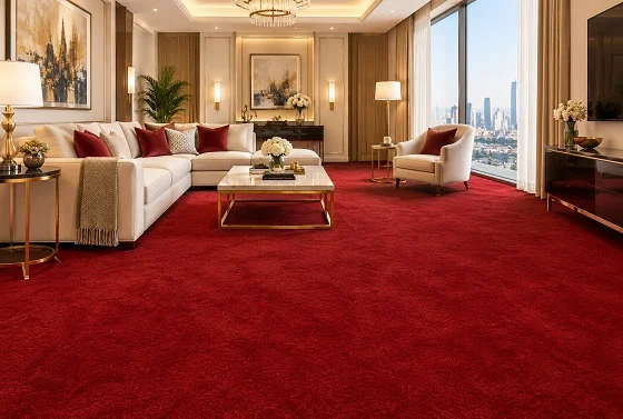 Wall-to-wall red carpet in luxury living room in Abu Dhabi