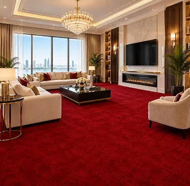 Wall-to-wall red carpet in luxury living room