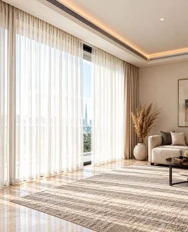 White sheer curtains diffusing sunlight in modern living room