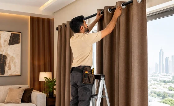 A man installing eyelet curtains in room