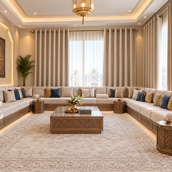Arabic majlis in which eyelet curtains are installed