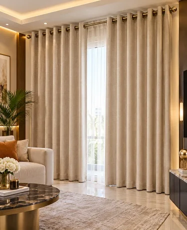 Beige lined curtains on a gold rod in living room