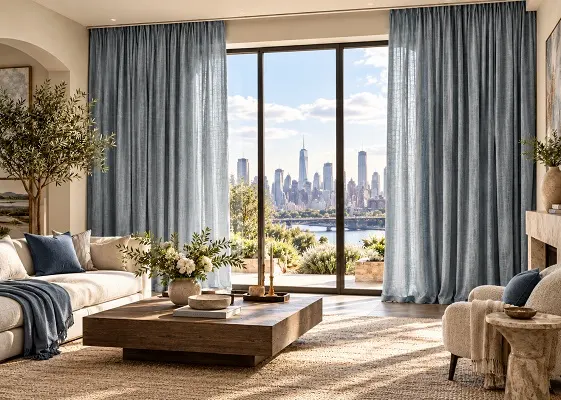 Blue linen curtains framing a living room with city skyline view