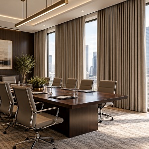 Boardroom with floor-length taupe curtains, skyline view