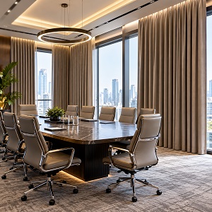 Conference room with beige curtains, skyline view, pendant light