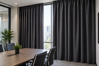 Conference room with charcoal blackout curtains, city view