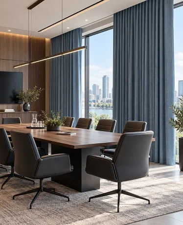 Conference room with slate blue curtains, waterfront skyline view