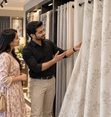 Couple browsing floral-patterned eyelet curtains in a curtain showroom