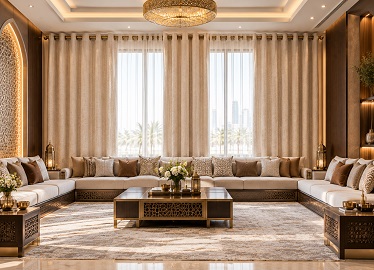 Cream eyelet curtains framing tall windows in a majlis-style living room