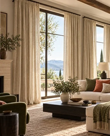 Cream linen curtains in a living room with mountain and valley views