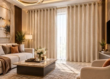 Cream textured eyelet curtains in a bright, elegant living room