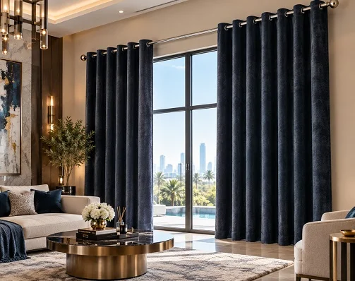 Dark blue textured curtains beside a bright skyline window