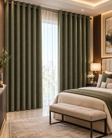 Dark green blackout-style curtains beside a bed with bench