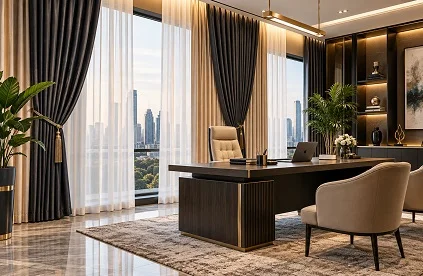 Executive office with dramatic curtains, skyline view