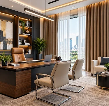 Executive office with golden-brown drapes, sheer panels, city view