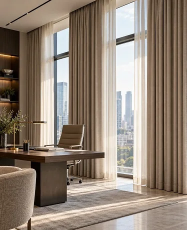 Executive office with layered sheer and linen curtains, sunlit