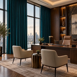 Executive office with teal velvet curtains, skyline view
