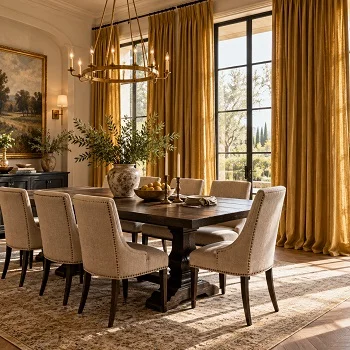 Golden color linen curtains in dining room