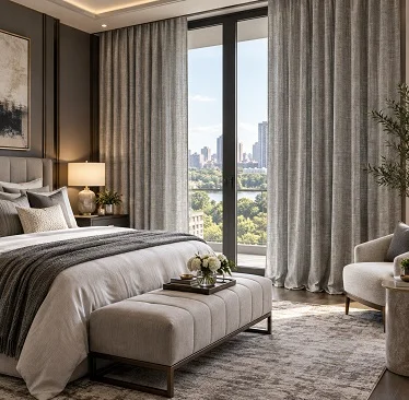 Gray textured linen curtains in a modern bedroom