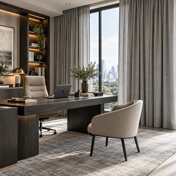 Grey color linen curtains in home office. Abu Dhabi